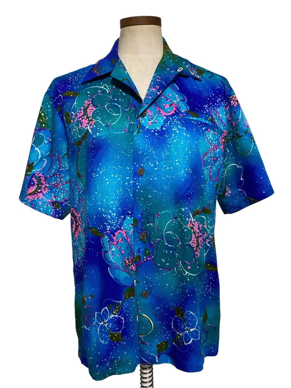 Vintage 60s The Sample Shop Hawaiian Shirt Blue Floral Unisex Small